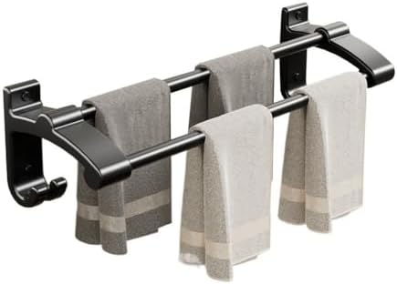 Thick Aluminum Towel Bar with 2 Rods and Hooks Wall Mounted No Drilling