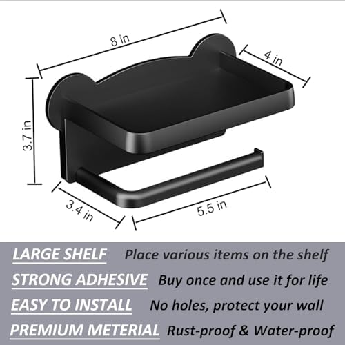 Black Toilet Paper Holder with Shelf No Drilling Rust-Proof Easy to Install