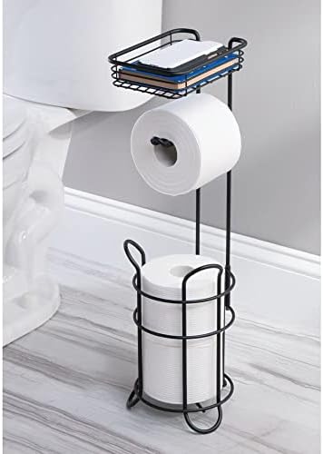 mDesign Steel Toilet Paper Holder with Storage Shelf - Matte Black