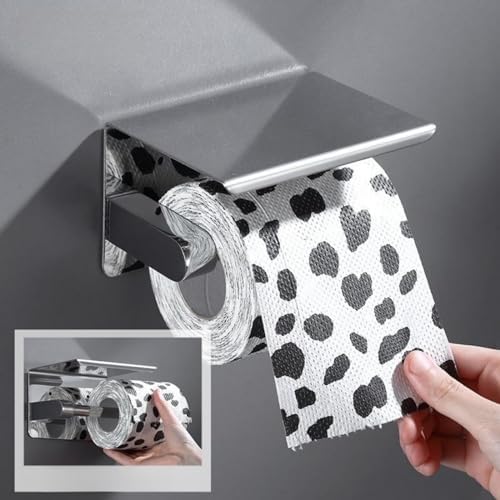Toilet Paper Holder with Phone Shelf Wall Mount Rustproof Silver