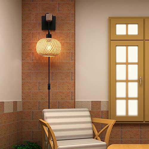 Farmhouse Rattan Wall Sconce with Bamboo Shade and Wood Beam