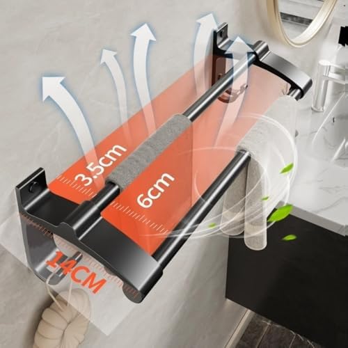 Thick Aluminum Towel Bar with 2 Rods and Hooks Wall Mounted No Drilling