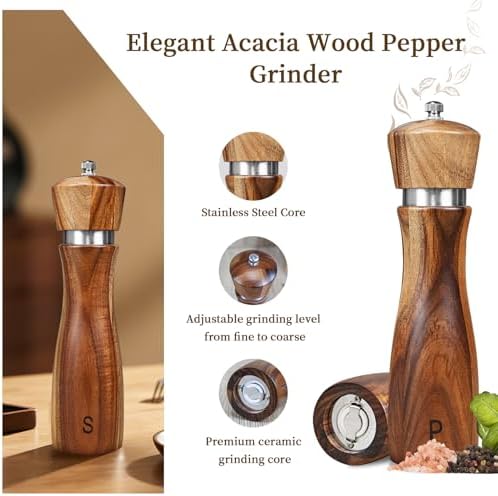 Haomacro 2 Pack Acacia Wood Salt Pepper Grinder Set