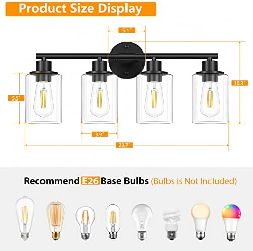 Licperron 4-Light Black Vanity Wall Light with Clear Glass Shade 1