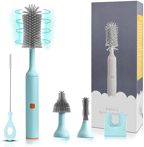 Electric Bottle Brush Cleaner with USB Rechargeable and 3 Replaceable Silicone Brushes Blue