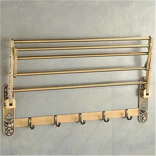 Antique Brass Towel Bar with Hooks and Shelf