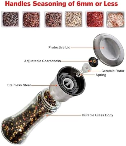 Yugefom Salt Pepper Grinder Set - Glass Stainless Steel