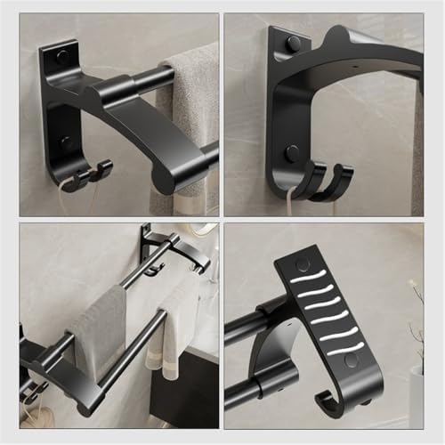 Thick Aluminum Towel Bar with 2 Rods and Hooks Wall Mounted No Drilling