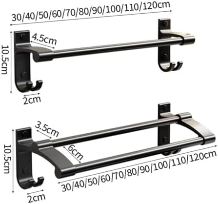 Thick Aluminum Towel Bar with 2 Rods and Hooks Wall Mounted No Drilling