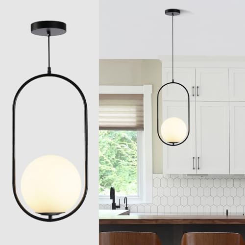 Modern Matte Black Pendant Light with White Glass Shade