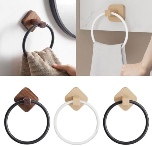 Modern Round Towel Holder with Wooden Base Plate Beech White