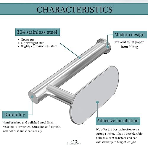 HomeZom Adhesive Toilet Paper Holder - Brushed Steel No Drilling Extra Strong