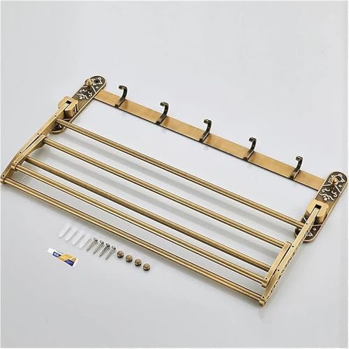 Antique Brass Towel Bar with Hooks and Shelf
