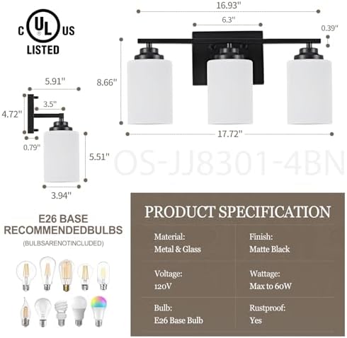 Modern Black Vanity Lights with 3-Light Milky Glass Shades