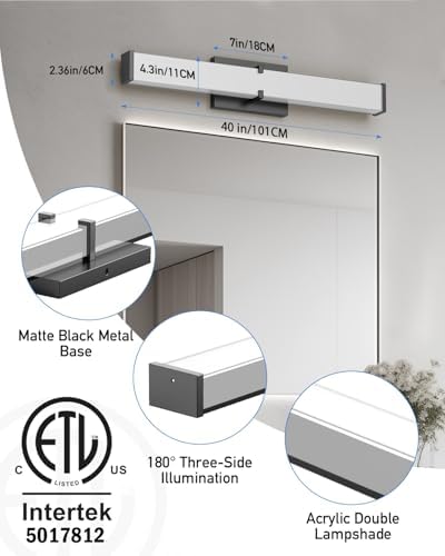 Modern 40W LED Vanity Light Over Mirror Matte Black Dimmable Bathroom Fixture
