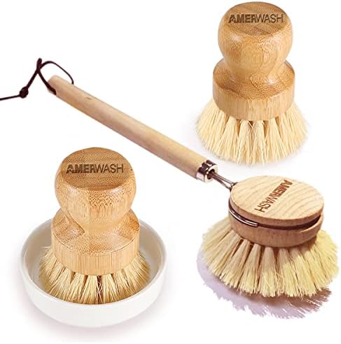 AMERWASH PLUS Brush Set - Bamboo Natural Bristles for Kitchen Cleaning