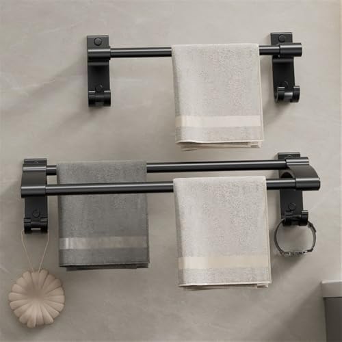 Thick Aluminum Towel Bar with 2 Rods and Hooks Wall Mounted No Drilling