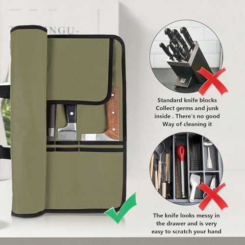 EhrGK Chef Knife Roll Bag with 20 Slots - Army Green