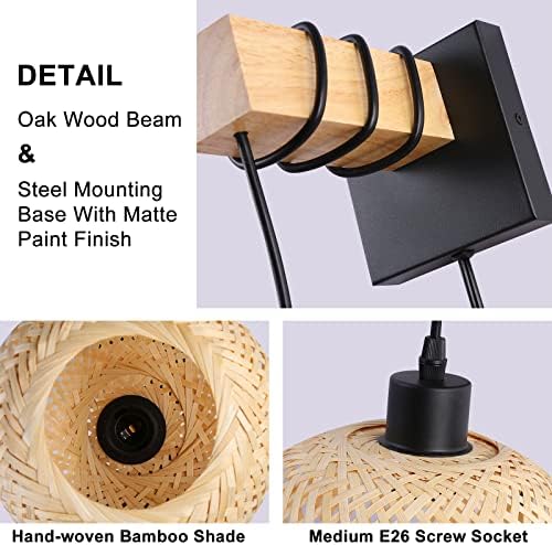 Farmhouse Rattan Wall Sconce with Bamboo Shade and Wood Beam