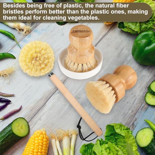 AMERWASH PLUS Brush Set - Bamboo Natural Bristles for Kitchen Cleaning