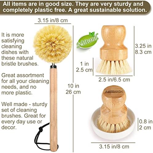 AMERWASH PLUS Brush Set - Bamboo Natural Bristles for Kitchen Cleaning