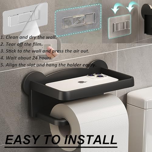 Black Toilet Paper Holder with Shelf No Drilling Rust-Proof Easy to Install
