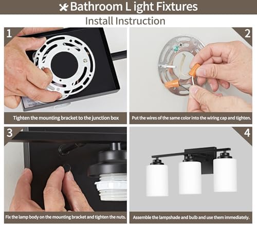 Modern Black Vanity Lights with 3-Light Milky Glass Shades