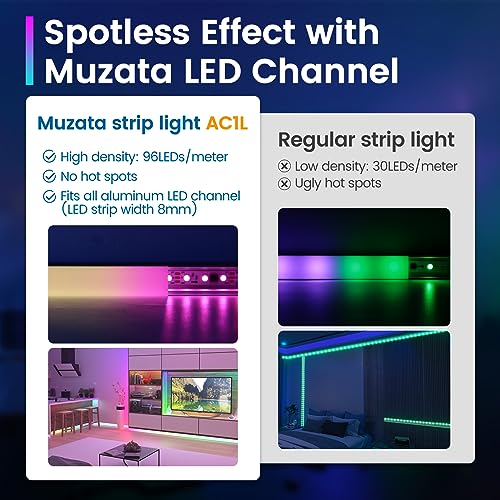 Muzata 164FT LED Strip Light High Intensity 96LEDsm Silver Aluminum Channel System