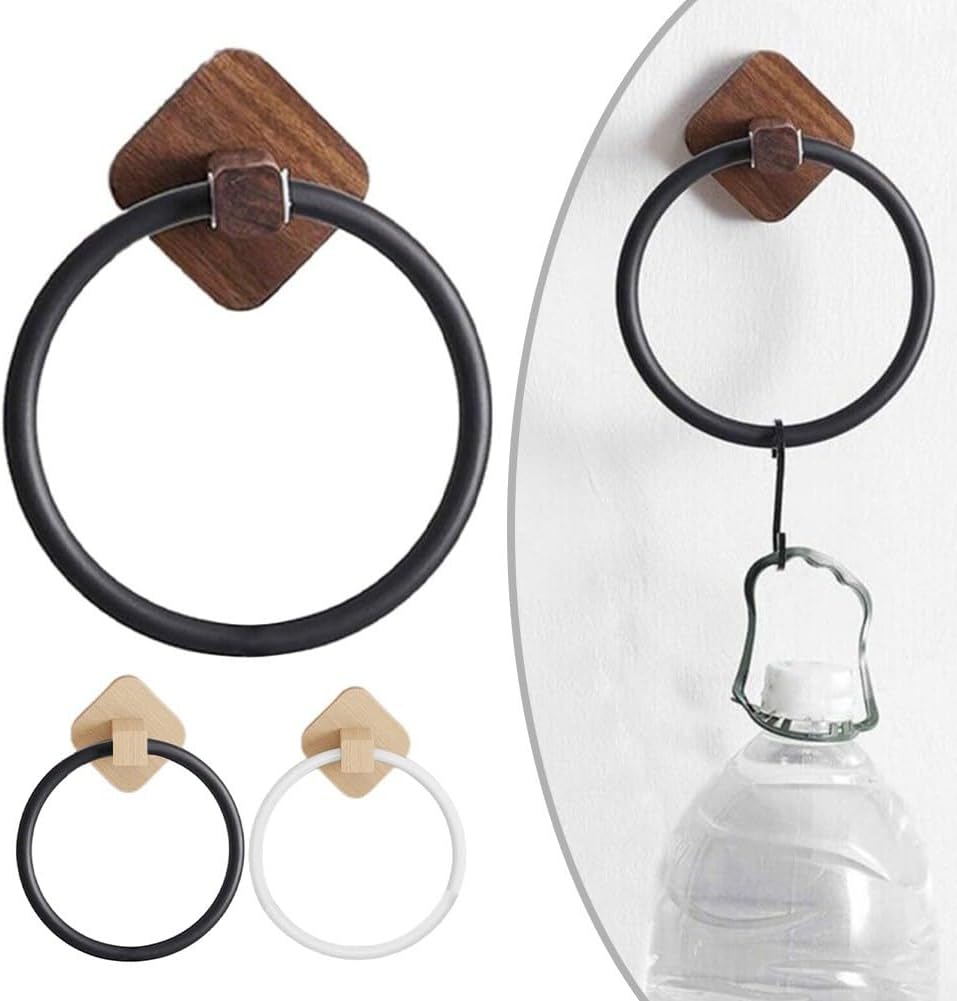 Modern Round Towel Holder with Wooden Base Plate Beech White