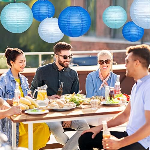 Blue Paper Lantern Set with 12 LED Lights for Parties