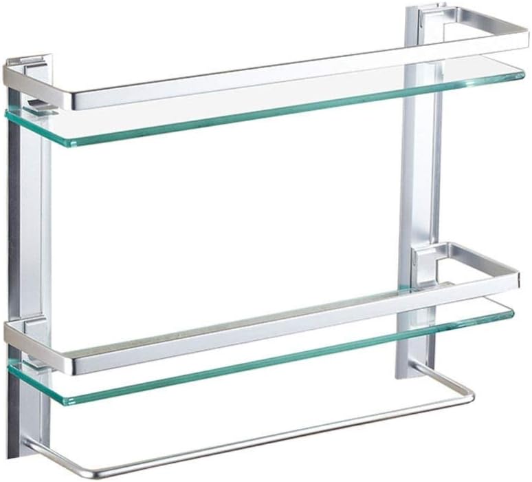 Stainless Steel 2 Tier Glass Bathroom Shelf with Hooks and Towel Bars
