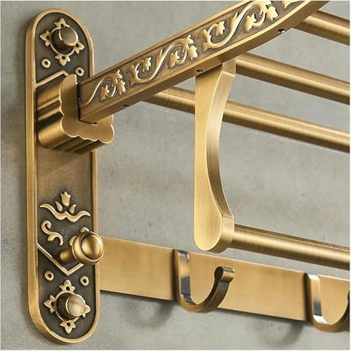Antique Brass Towel Bar with Hooks and Shelf