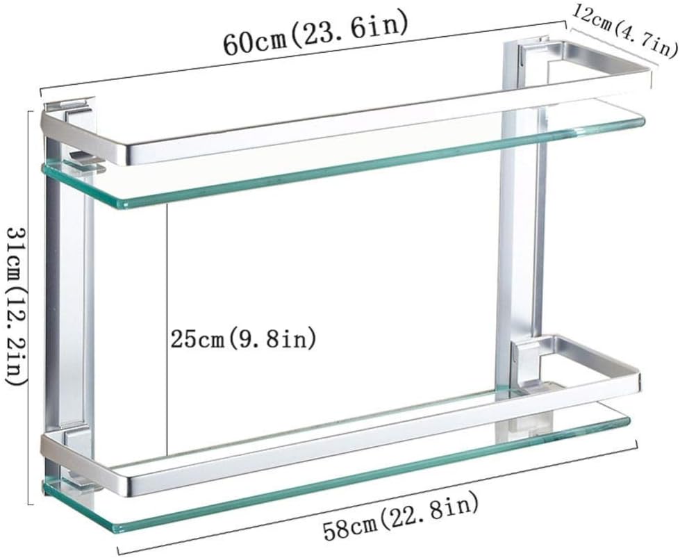 Stainless Steel 2 Tier Glass Bathroom Shelf with Hooks and Towel Bars
