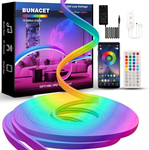 52FT BUNACET LED Neon RGBIC Strip Lights with Remote APP Control