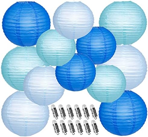 Blue Paper Lantern Set with 12 LED Lights for Parties