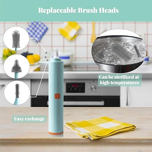 Electric Bottle Brush Cleaner with USB Rechargeable and 3 Replaceable Silicone Brushes Blue