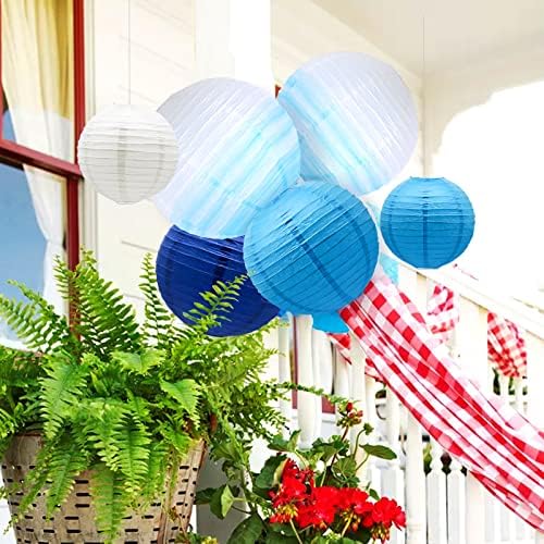 14 PCS Gradient Blue Paper Lanterns with Metal Stand