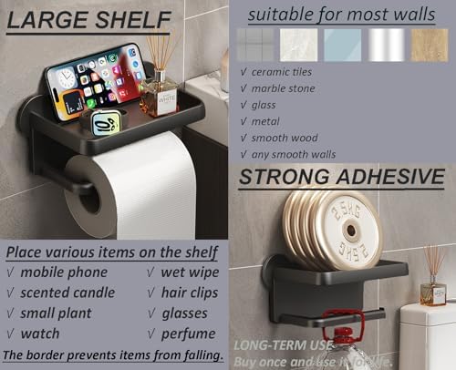 Black Toilet Paper Holder with Shelf No Drilling Rust-Proof Easy to Install
