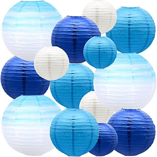 14 PCS Gradient Blue Paper Lanterns with Metal Stand