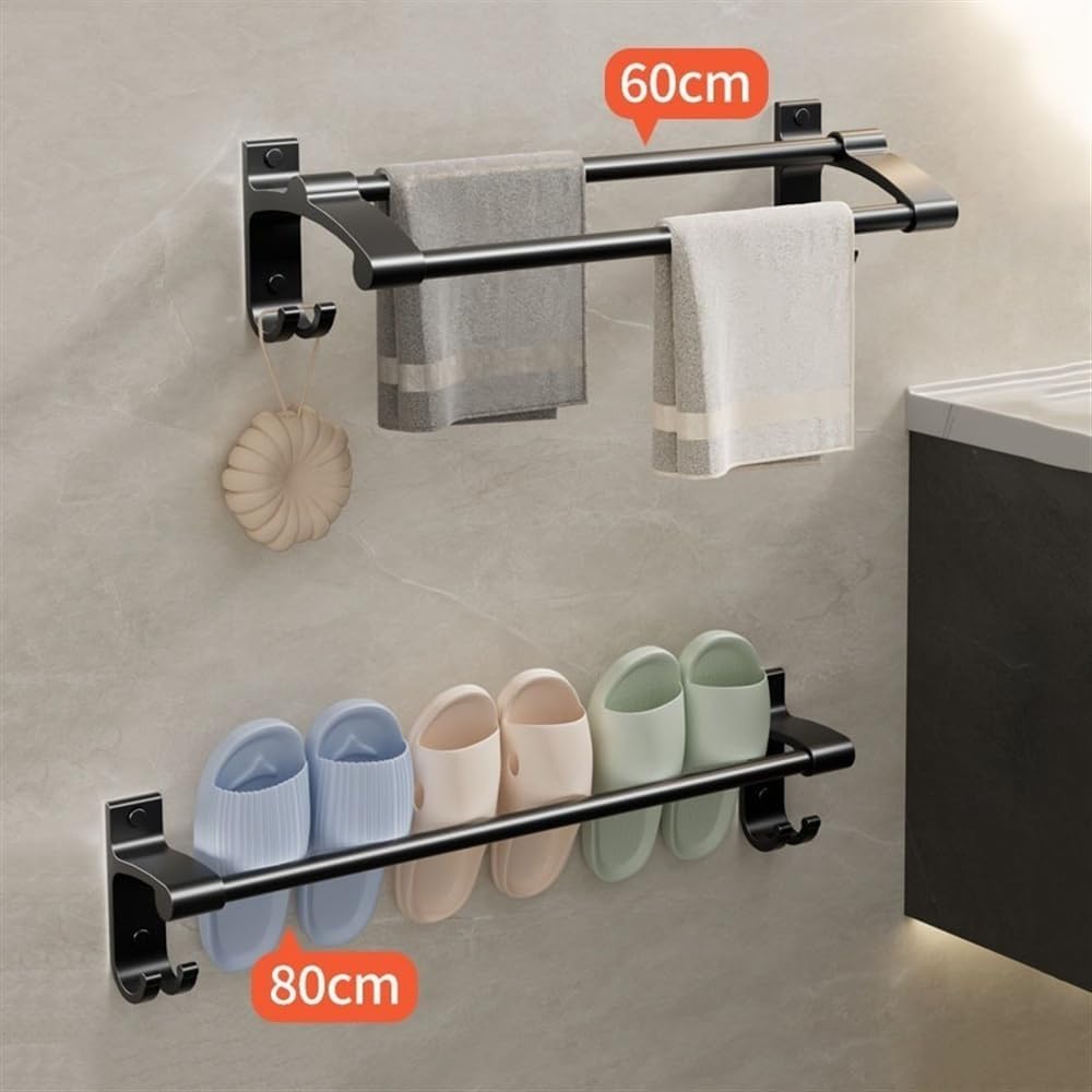 Thick Aluminum Towel Bar with 2 Rods and Hooks Wall Mounted No Drilling