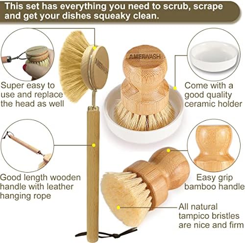 AMERWASH PLUS Brush Set - Bamboo Natural Bristles for Kitchen Cleaning