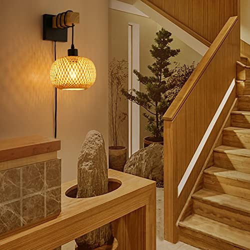 Farmhouse Rattan Wall Sconce with Bamboo Shade and Wood Beam