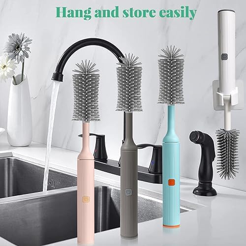 Electric Bottle Brush Cleaner with USB Rechargeable and 3 Replaceable Silicone Brushes Blue