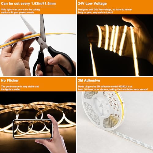 PAUTIX Dimmable 2700K Warm White COB LED Strip Light 504LEDsm