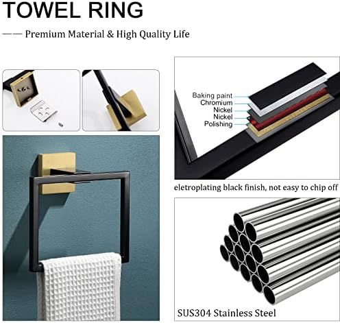 TQKAG Stainless Steel Square Towel Ring Hooks BlackGold