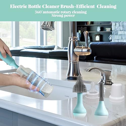 Electric Bottle Brush Cleaner with USB Rechargeable and 3 Replaceable Silicone Brushes Blue