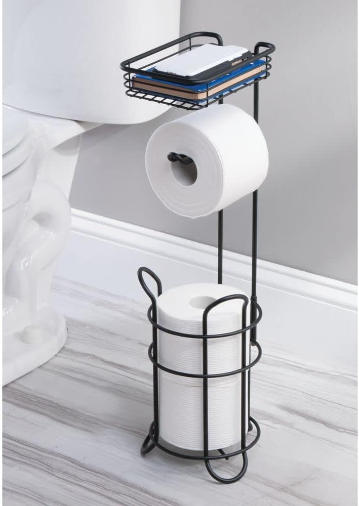 mDesign Steel Toilet Paper Holder with Storage Shelf - Matte Black