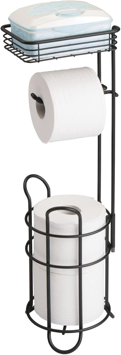 mDesign Steel Toilet Paper Holder with Storage Shelf - Matte Black