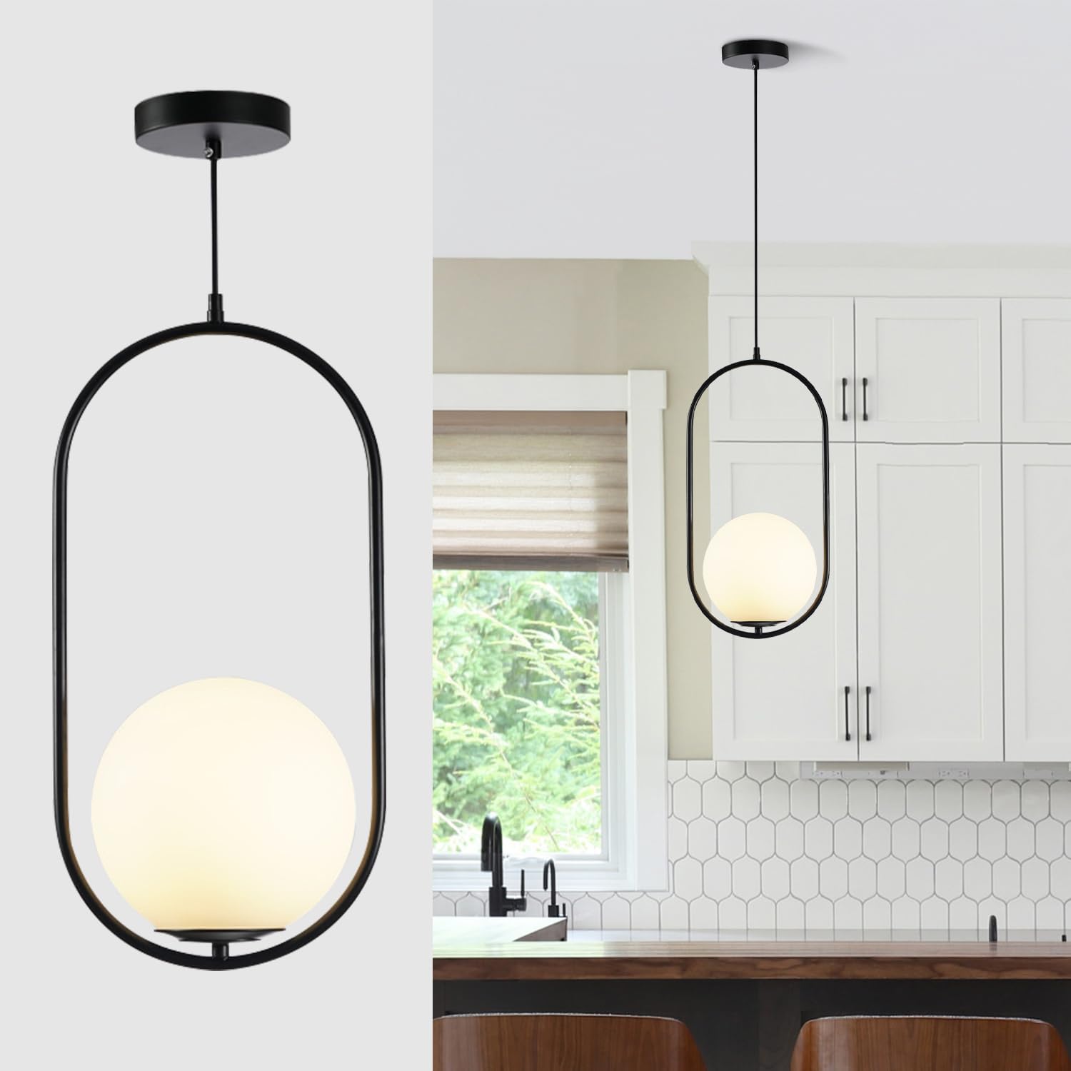 Modern Matte Black Pendant Light with White Glass Shade