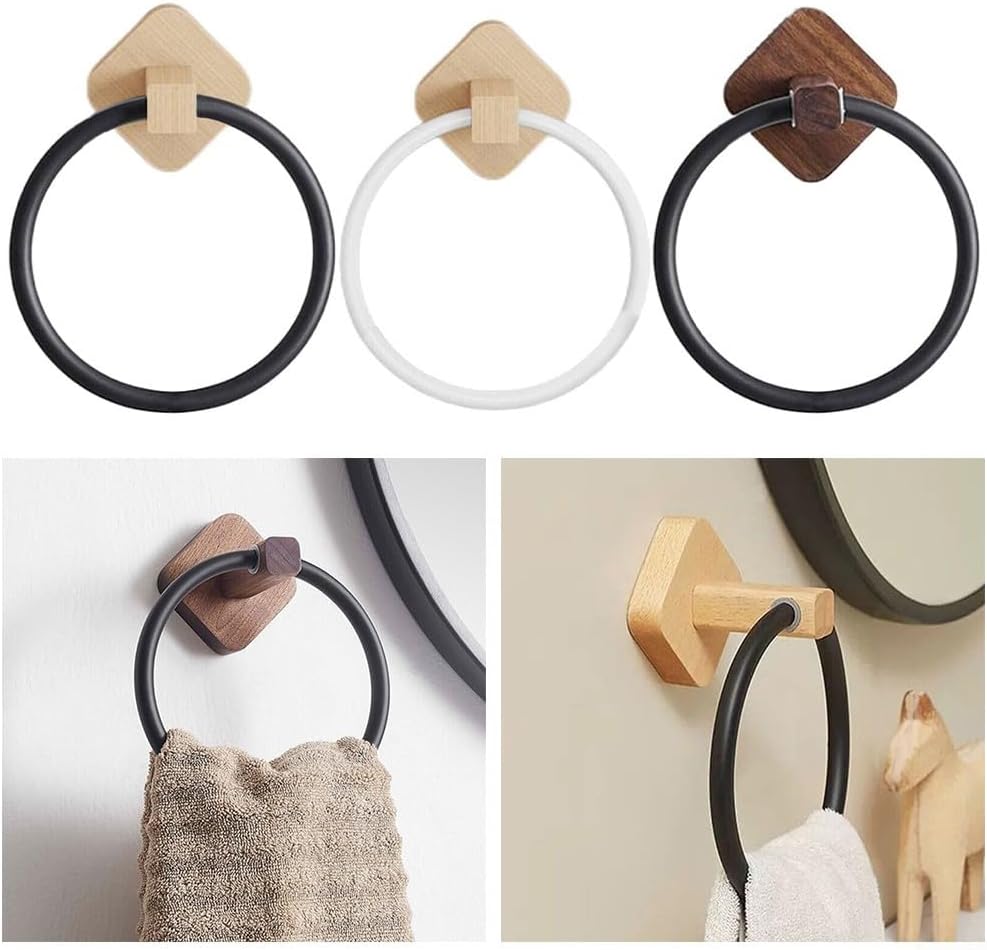 Modern Round Towel Holder with Wooden Base Plate Beech White